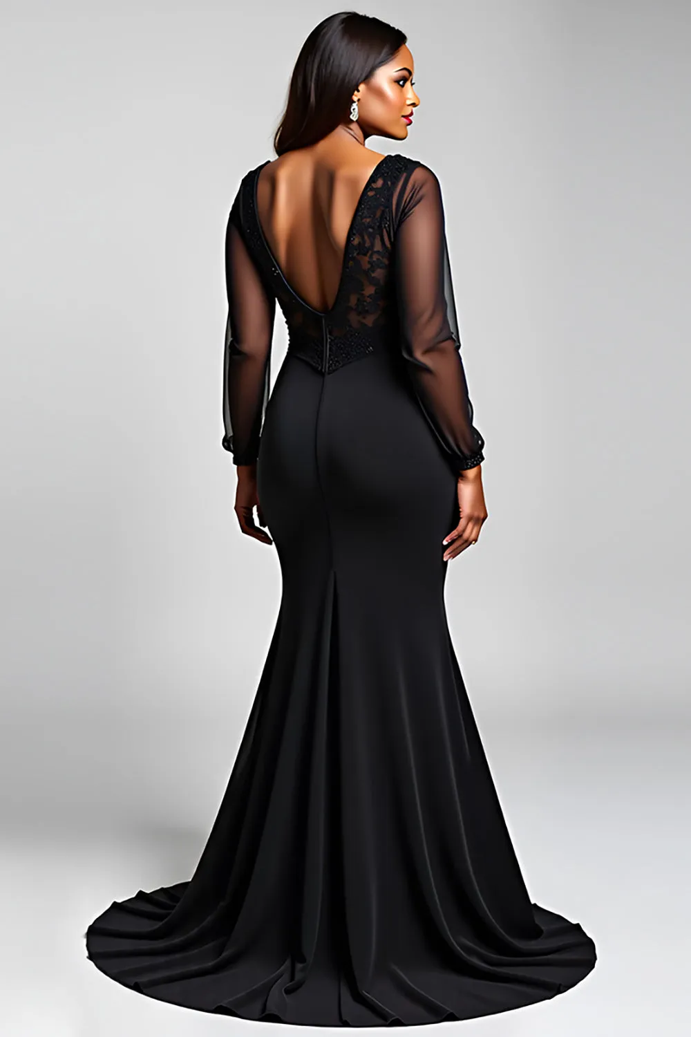 Black Stretch Satin Lace Mermaid V Neck Formal Dress with Slit sold by Zapaka product image thumbnail 2