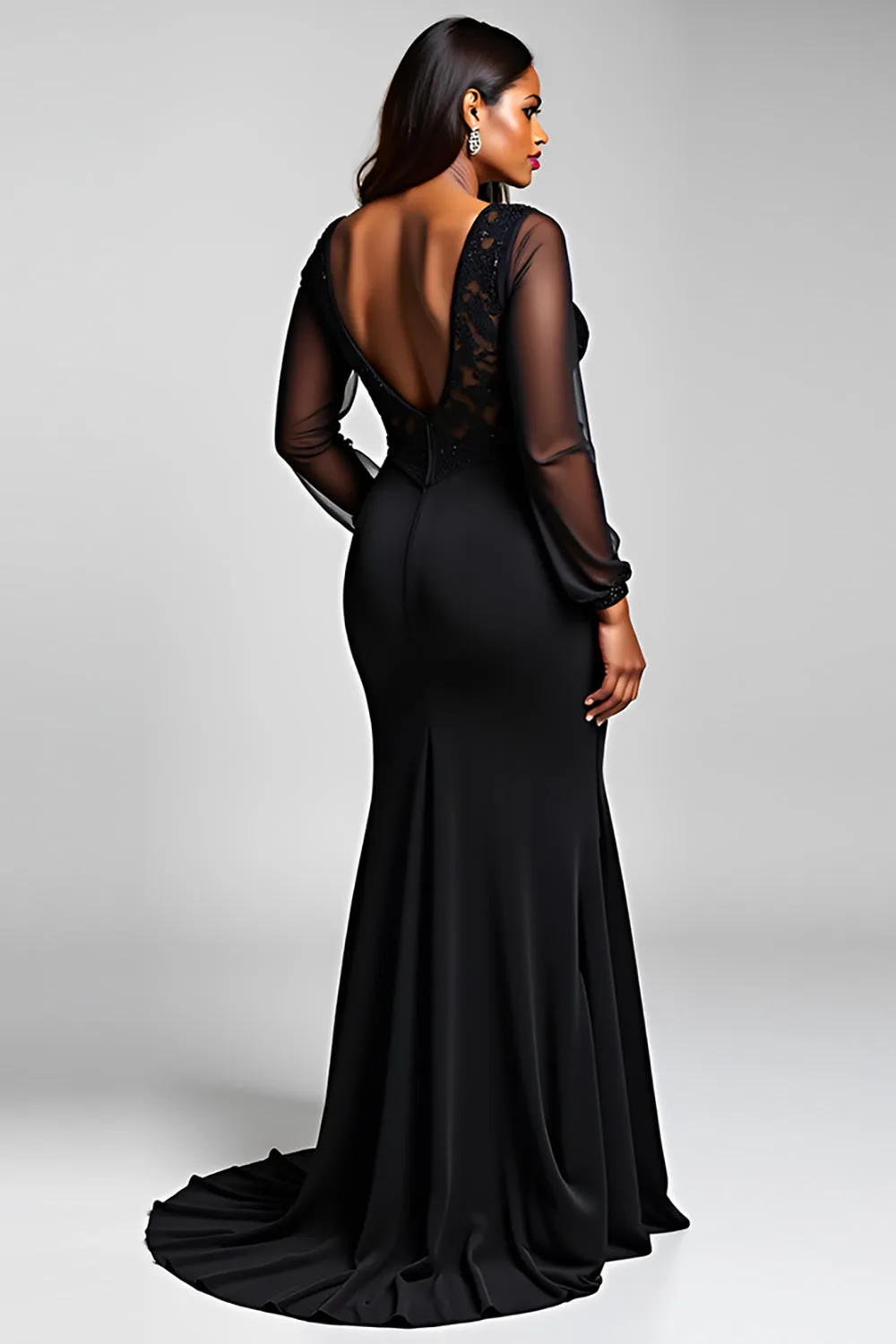 Black Stretch Satin Lace Mermaid V Neck Formal Dress with Slit sold by Zapaka product image thumbnail 3