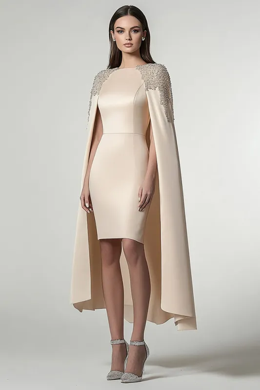 Champagne Satin Cape Midi Formal Dress sold by Zapaka