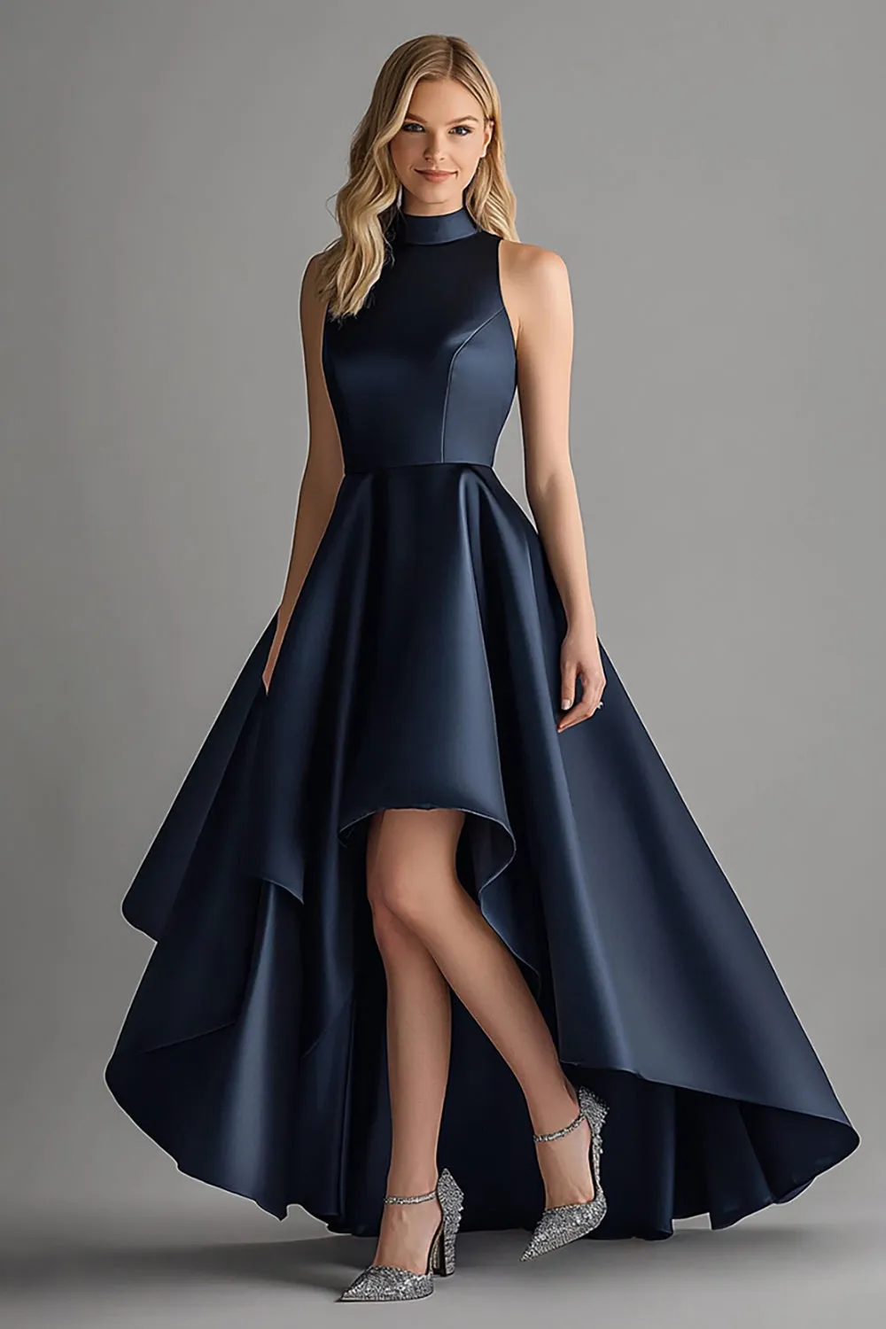 Halter Navy A Line Satin Formal Dress sold by Zapaka