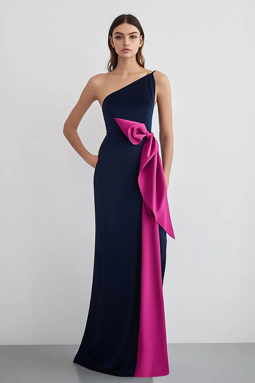 One Shoulder Sheath Long Navy Formal Dress With Bows sold by Zapaka