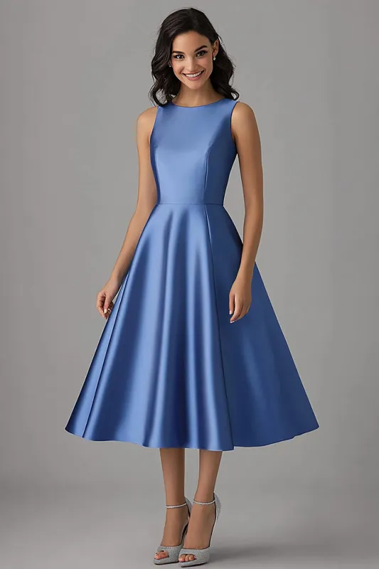 Blue A Line Sleeveless Ruched Satin Midi Formal Dress sold by Zapaka