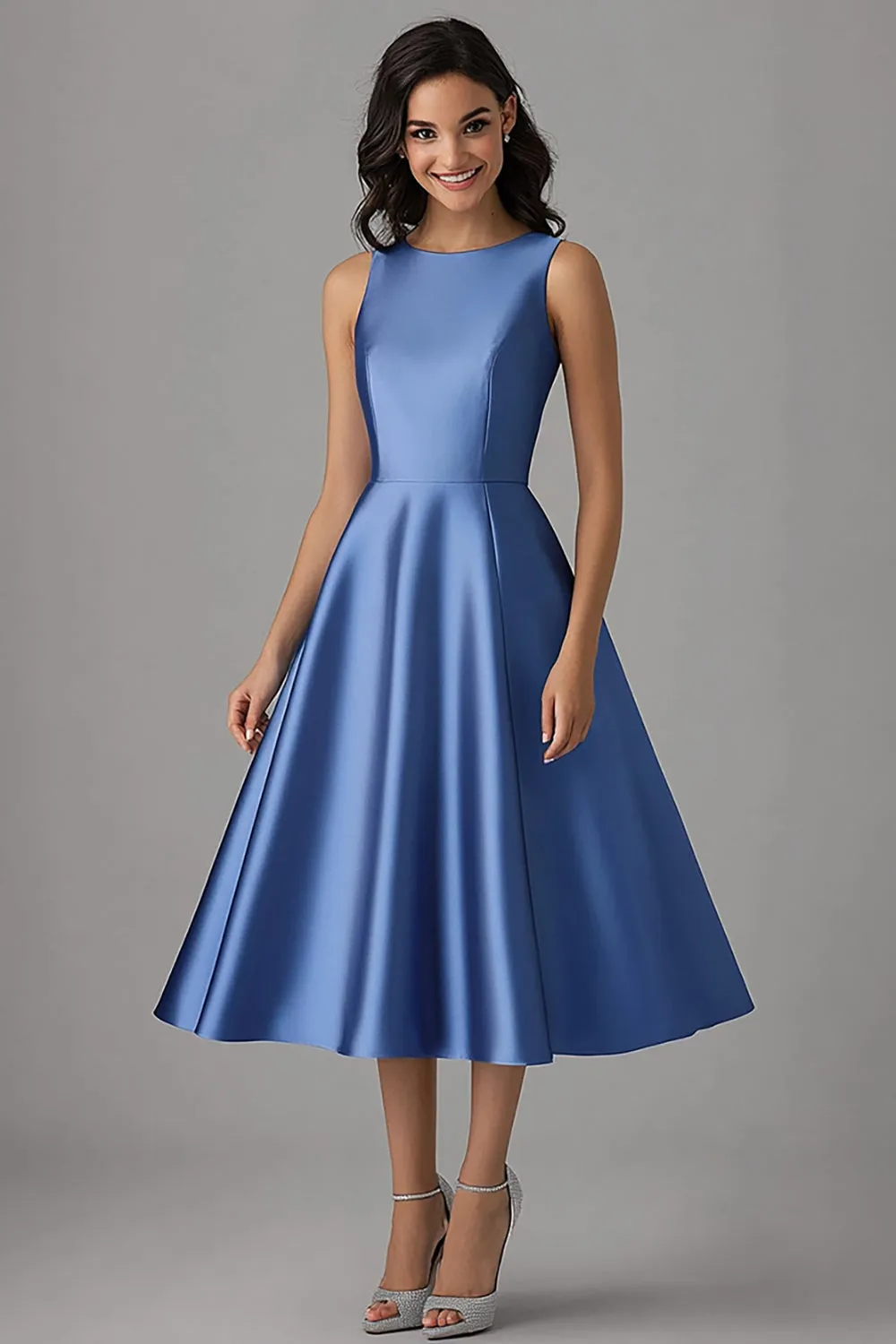 Blue A Line Sleeveless Ruched Satin Midi Formal Dress sold by Zapaka