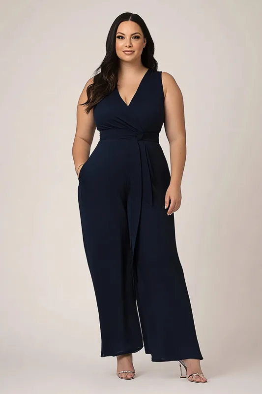 Plus Size Navy V-Neck Long Women Jumpsuits sold by Zapaka
