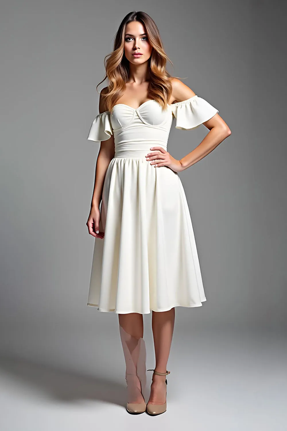 White A Line Off The Shoulder Pleated Graduation Dress sold by Zapaka