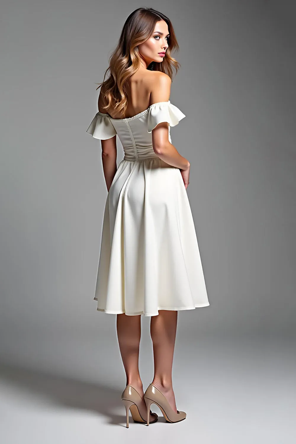 White A Line Off The Shoulder Pleated Graduation Dress sold by Zapaka product image thumbnail 2