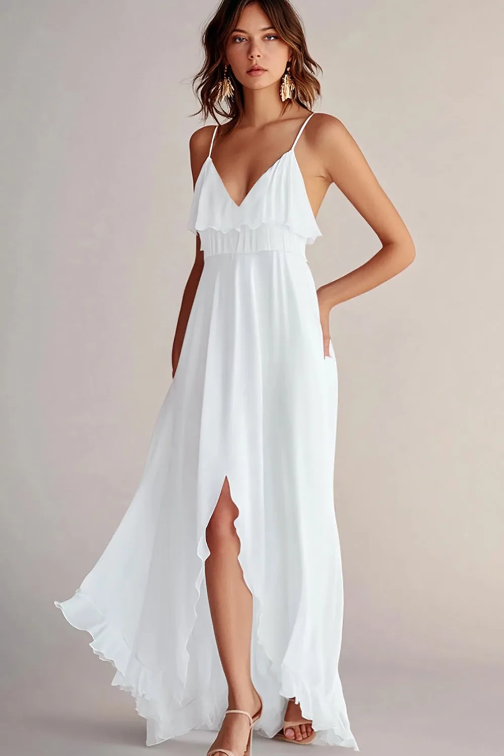 White Ruffled A Line Spaghetti Straps Graduation Dress sold by Zapaka