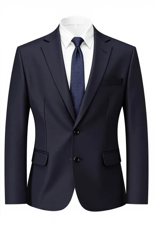 Men's Dark Navy Two Button Notched Lapel Prom Blazer sold by Zapaka