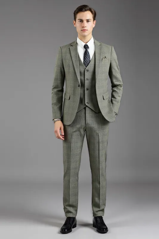 Grey Green Notched lapel 3-Piece Single Breasted Slim Fit Men's Formal Suits sold by Zapaka