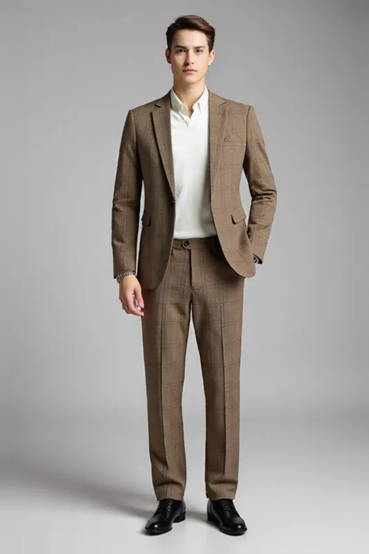 Khaki Slim Fit 2 Piece Notched Lapel Plaid Men's Suits sold by Zapaka