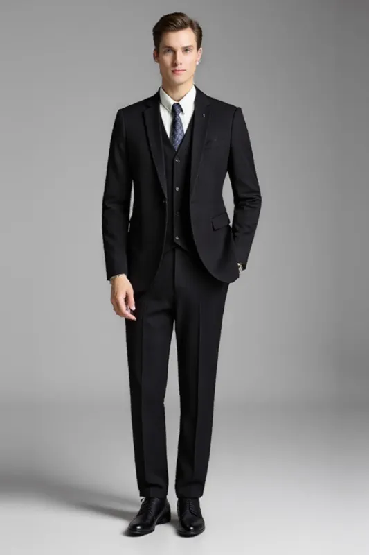 Slim Fit Plaid Notched Lapel 3 Piece Black Men's Suits sold by Zapaka