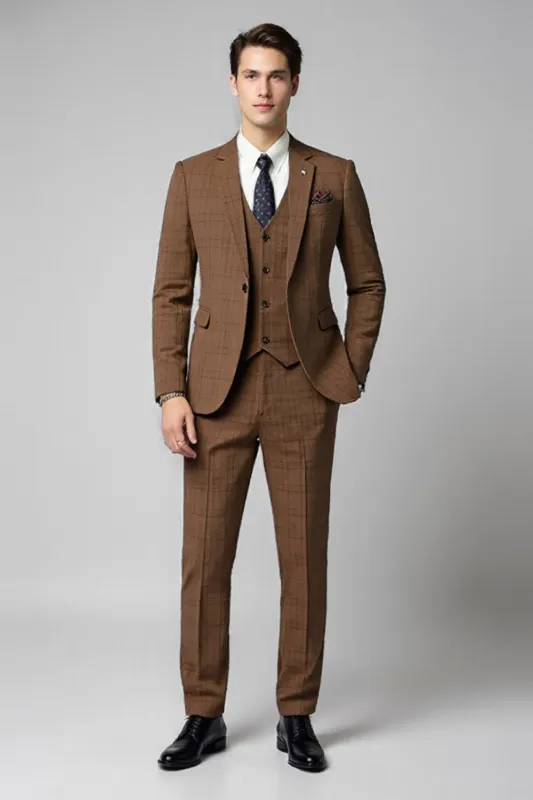 3 Piece Slim Fit Checked Notched Lapel Brown Men's Suits sold by Zapaka