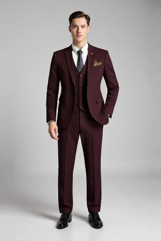 Plaid Notched Lapel 3 Piece Burgundy Men's Suits sold by Zapaka