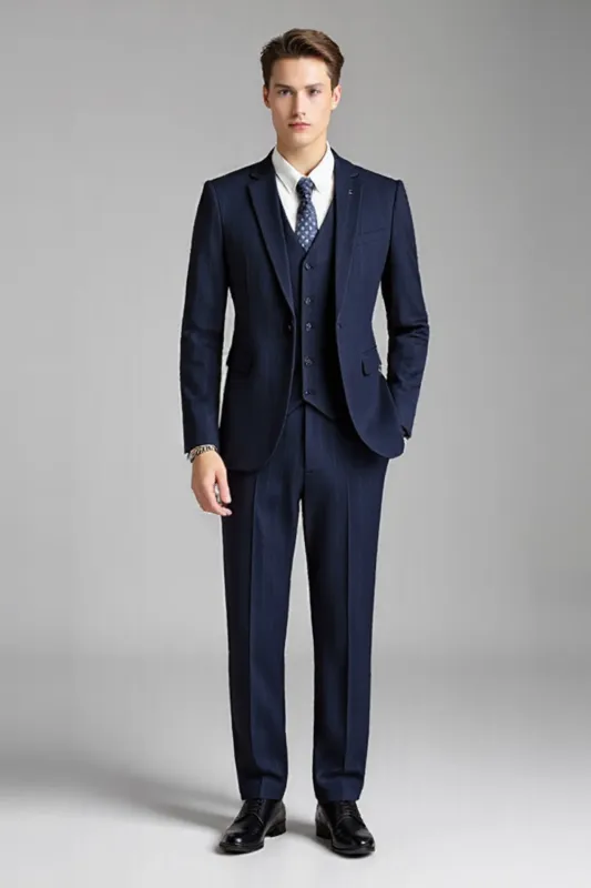 Navy Notched Lapel Slim Fit 3 Piece Pinstripe Men's Suits sold by Zapaka