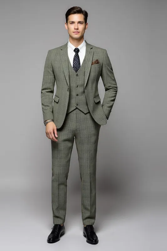 Grey Green Plaid 3 Pieces Notched Lapel Men's Prom Suits sold by Zapaka