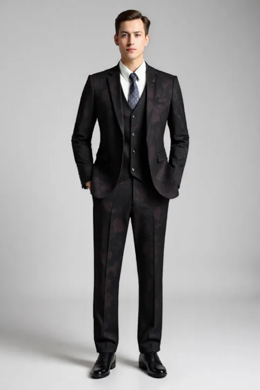 Black Printed Notched Lapel 3 Pieces Men's Suits sold by Zapaka