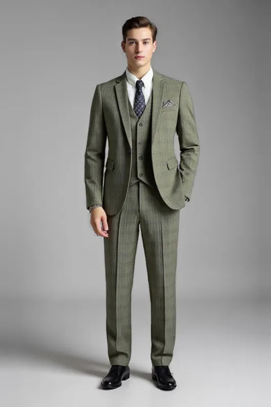Grey Green 3 Piece Notched Lapel Plaid Men's Suits sold by Zapaka