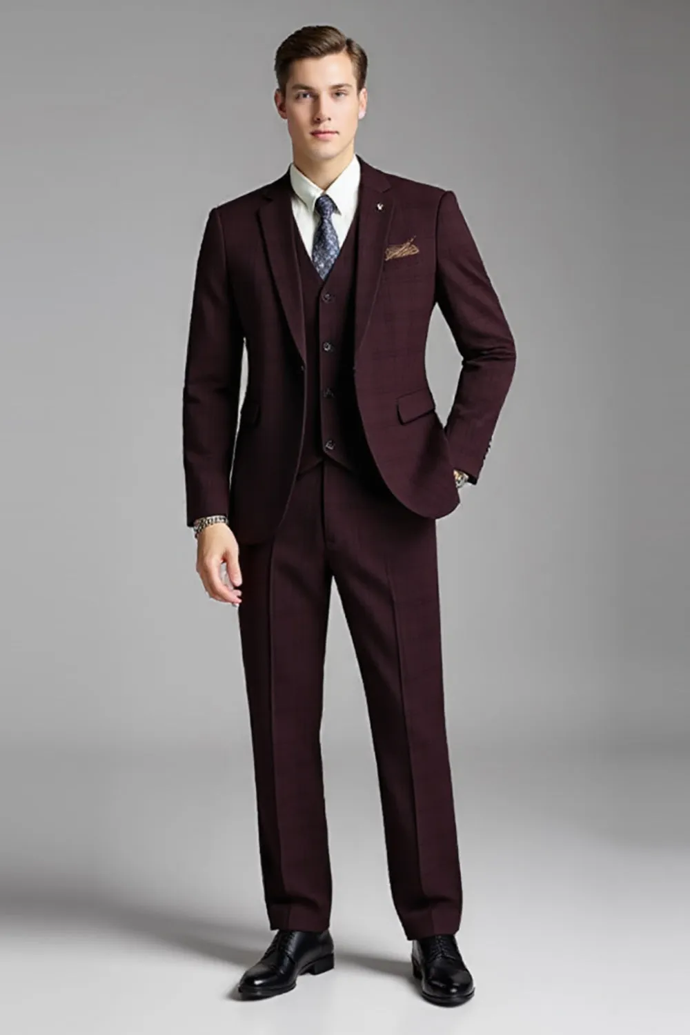 Burgundy 3 Piece Plaid Notched Lapel Slim Fit Men's Suits sold by Zapaka