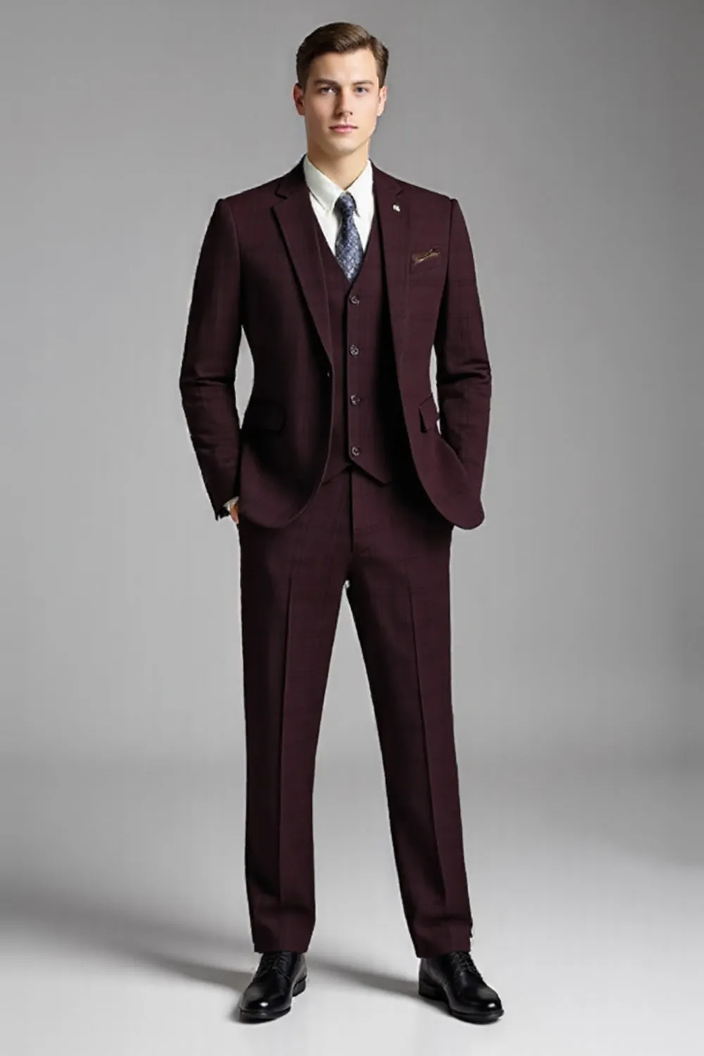 Burgundy 3 Piece Plaid Notched Lapel Slim Fit Men's Suits sold by Zapaka product image thumbnail 3