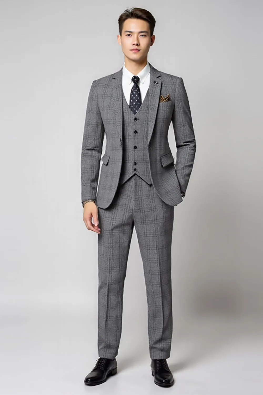 Grey Plaid Notched Lapel 3 Pieces Men's Prom Suits sold by Zapaka