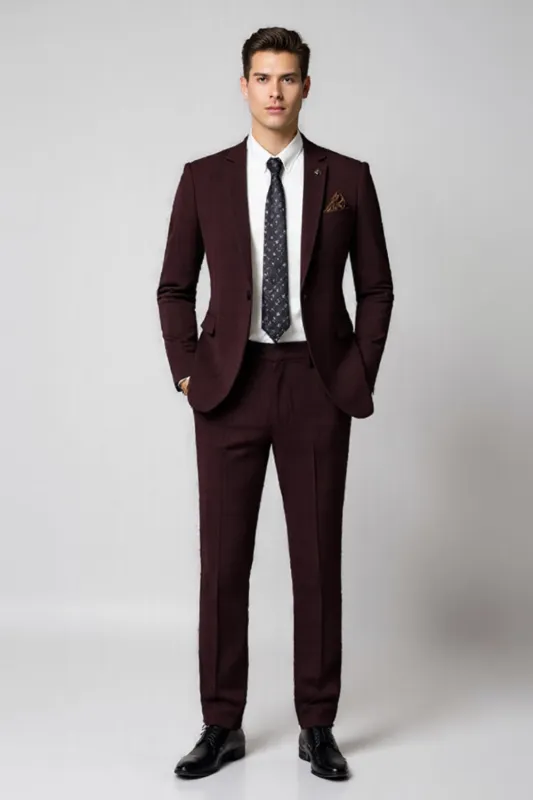 Burgundy Notched Lapel 2 Piece Slim Fit Men's Suits sold by Zapaka