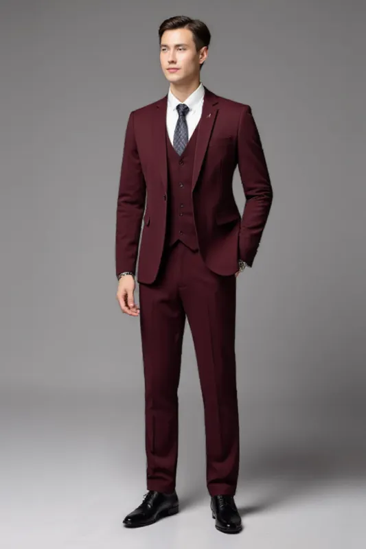 Burgundy 3 Piece Notched lapel Single Breasted Men's Formal Suits sold by Zapaka