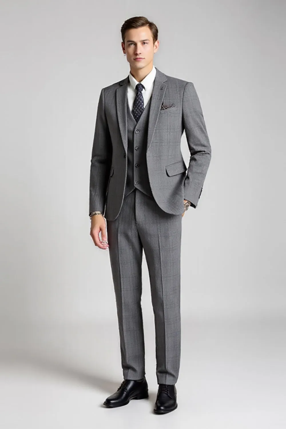 Grey Notched Lapel Plaid 3 Piece Men's Formal Suits sold by Zapaka product image thumbnail 3
