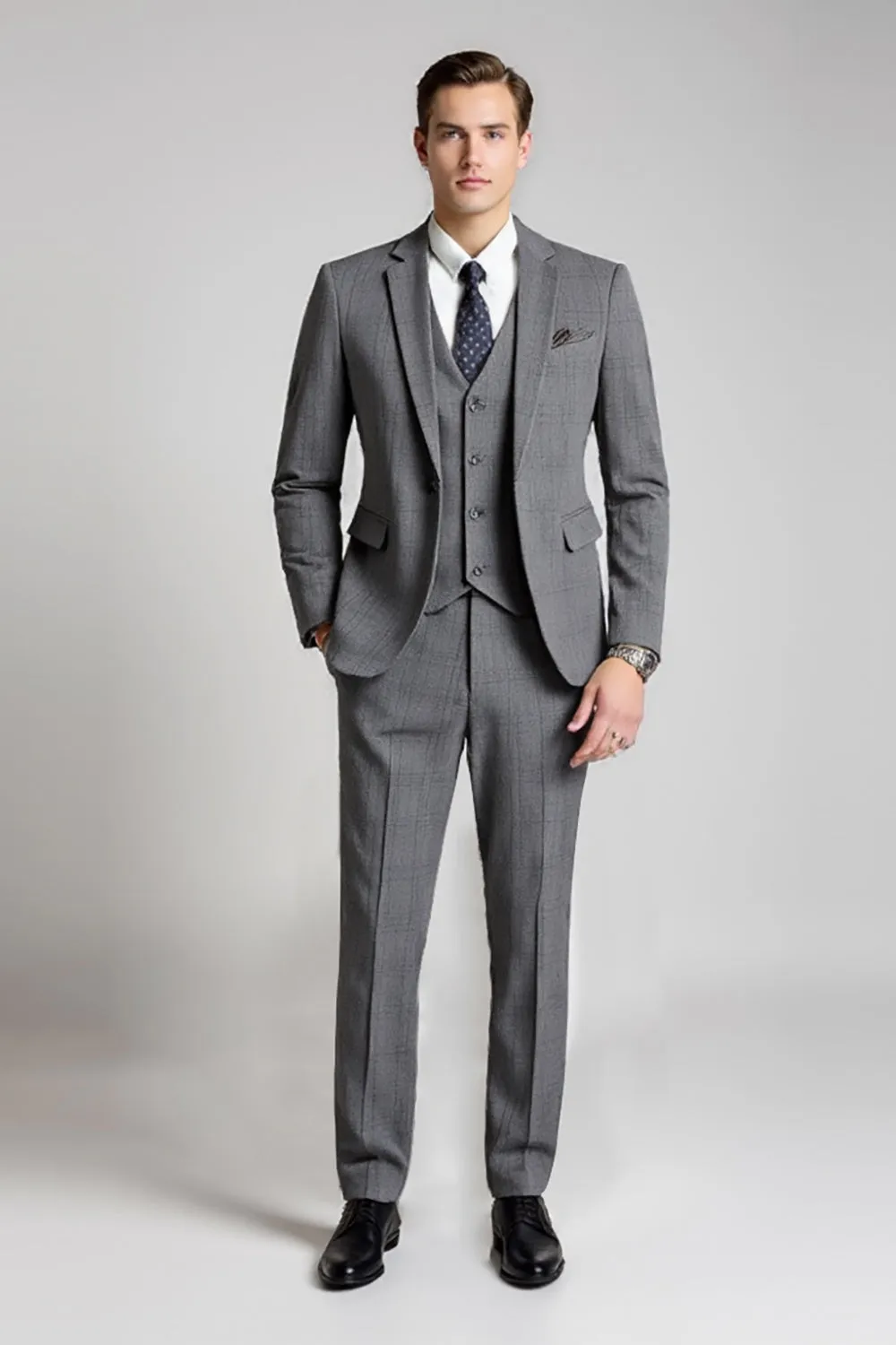 Grey Notched Lapel Plaid 3 Piece Men's Formal Suits sold by Zapaka