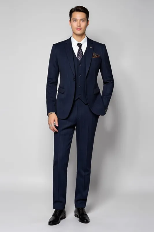Dark Blue 3 Pieces Notched Lapel Striped Men's Suits sold by Zapaka