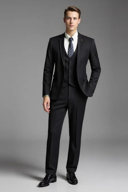 Solid Black Slim Fit Notched Lapel 3 Piece Men's Suits sold by Zapaka
