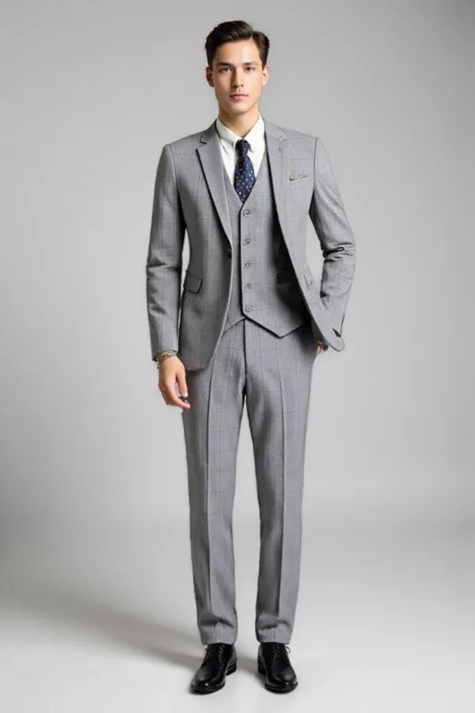 Slim Fit Notched Lapel 3 Piece Plaid Grey Men's Suits sold by Zapaka