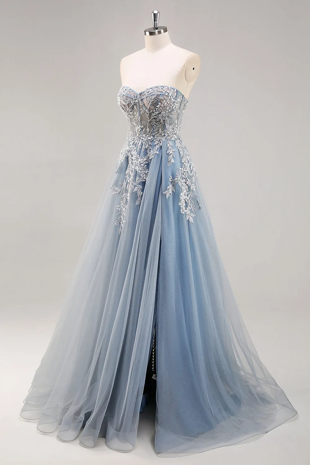 Dusty Blue A Line Strapless Sheer Corset Beaded Long Prom Dress with Slit sold by Zapaka product image thumbnail 3