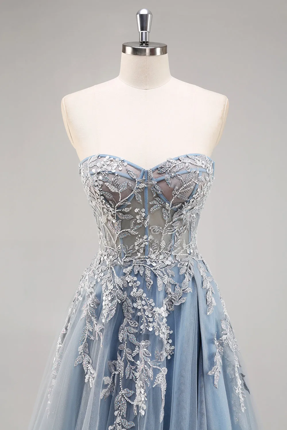 Dusty Blue A Line Strapless Sheer Corset Beaded Long Prom Dress with Slit sold by Zapaka product image thumbnail 5