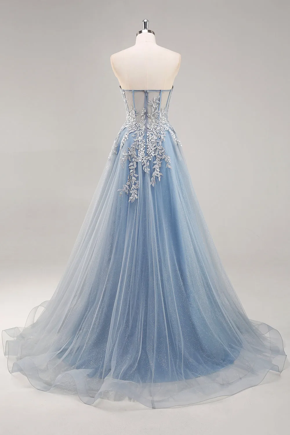 Dusty Blue A Line Strapless Sheer Corset Beaded Long Prom Dress with Slit sold by Zapaka product image thumbnail 2