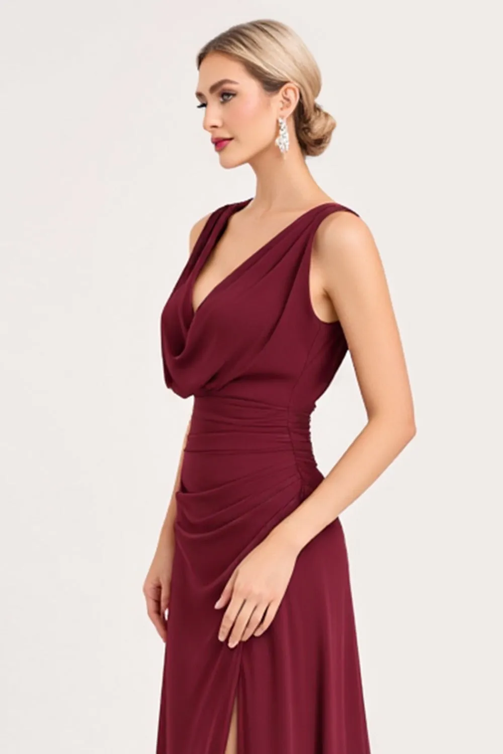 Burgundy A Line Cowl Neck Bridesmaid Dress With Slit sold by Zapaka product image thumbnail 4