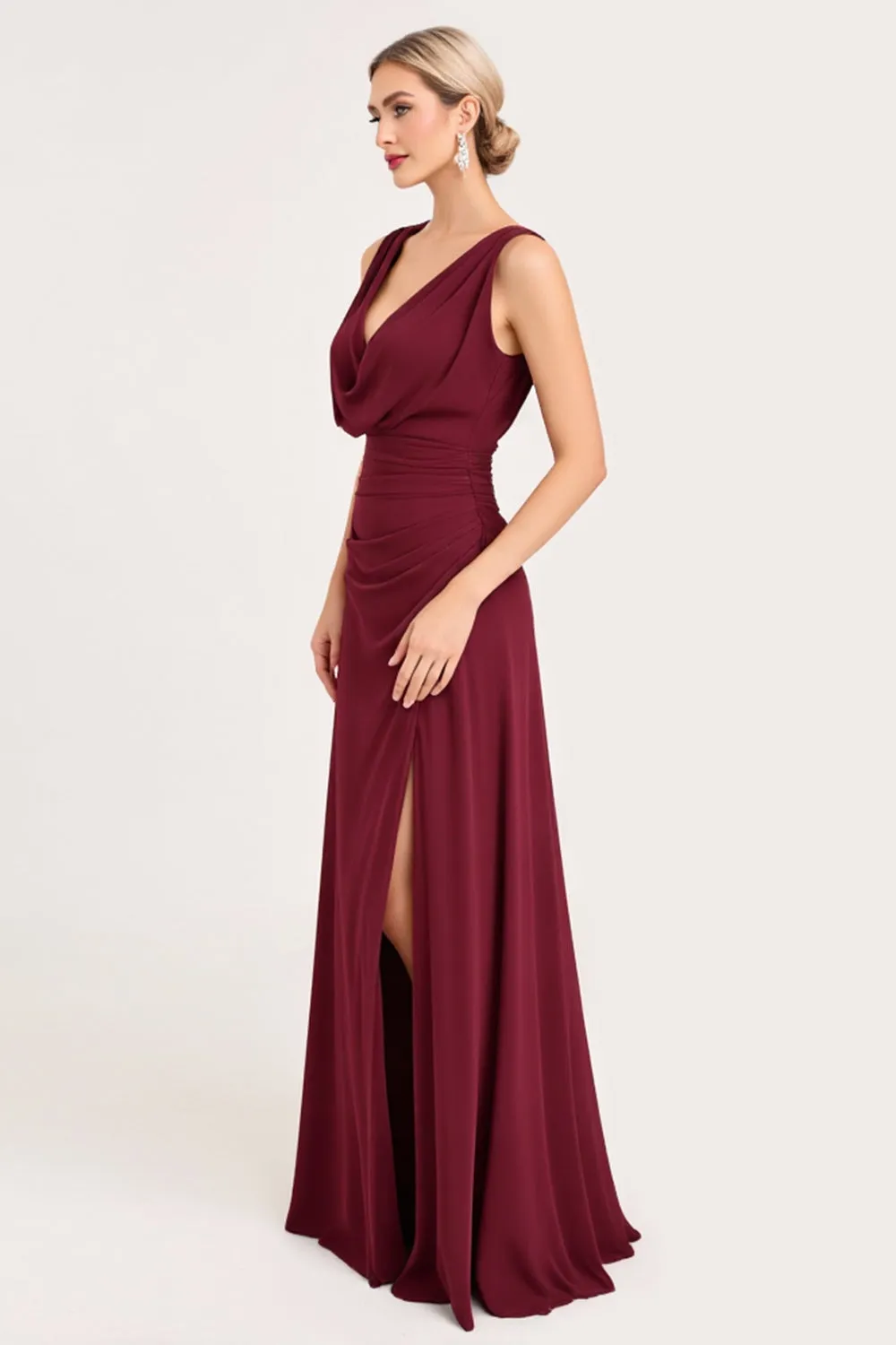 Burgundy A Line Cowl Neck Bridesmaid Dress With Slit sold by Zapaka