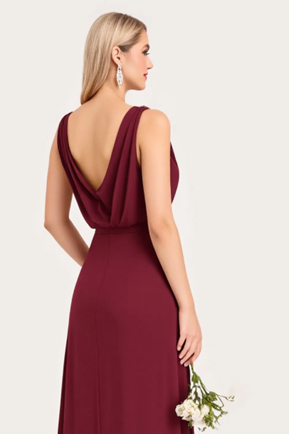 Burgundy A Line Cowl Neck Bridesmaid Dress With Slit sold by Zapaka product image thumbnail 5