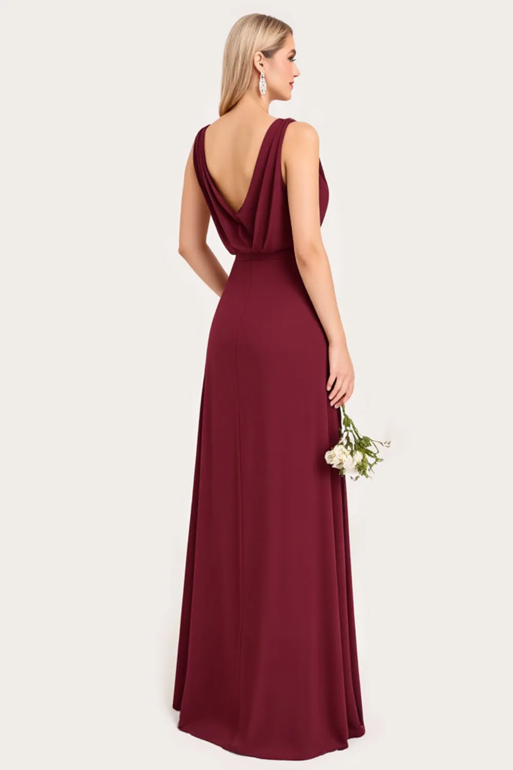 Burgundy A Line Cowl Neck Bridesmaid Dress With Slit sold by Zapaka product image thumbnail 2