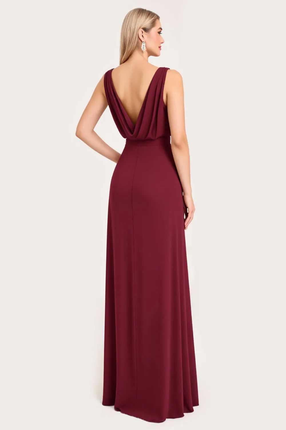 Burgundy A Line Cowl Neck Bridesmaid Dress With Slit sold by Zapaka product image thumbnail 3