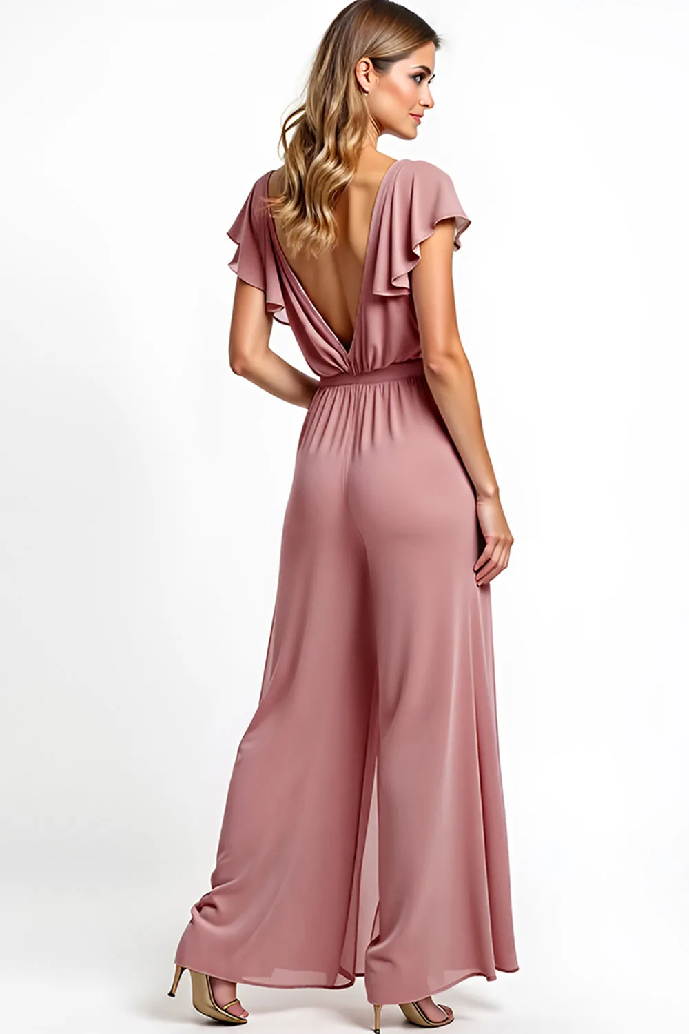 Dusty Rose V-Neck Ruffled Chiffon Jumpsuit sold by Zapaka product image thumbnail 2