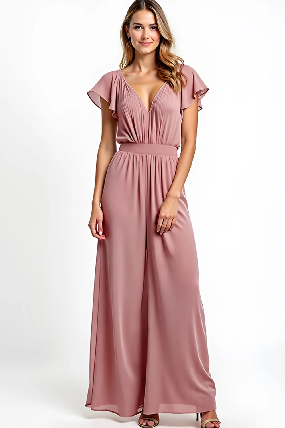 Dusty Rose V-Neck Ruffled Chiffon Jumpsuit sold by Zapaka