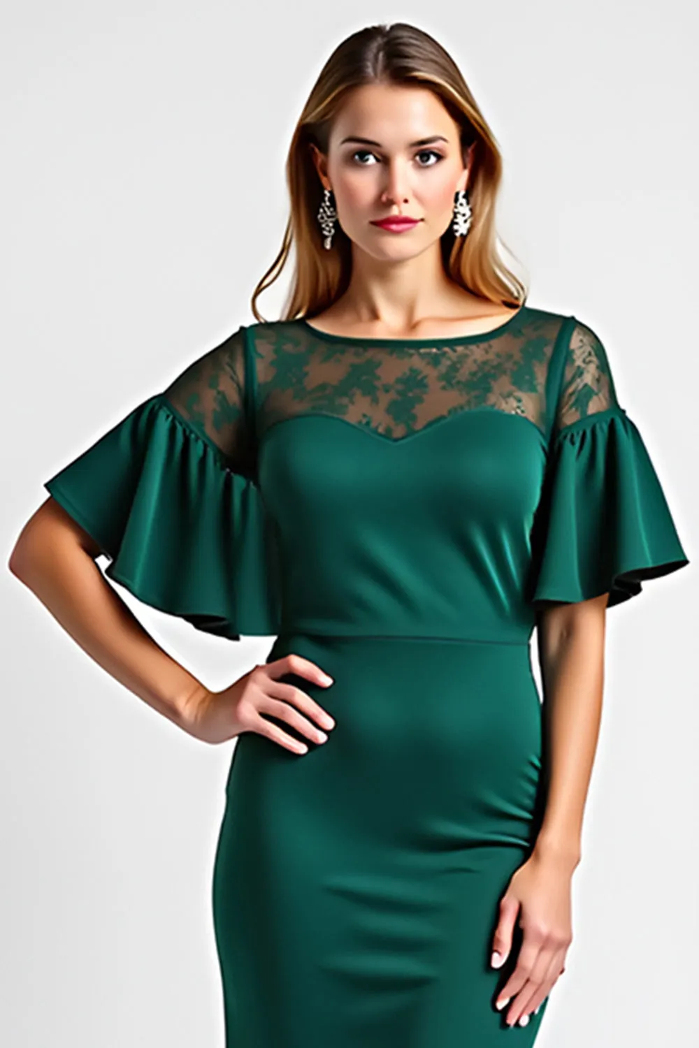 Dark Green Bodycon Ruffles Round Neck Mother Of Bride Dress sold by Zapaka product image thumbnail 3