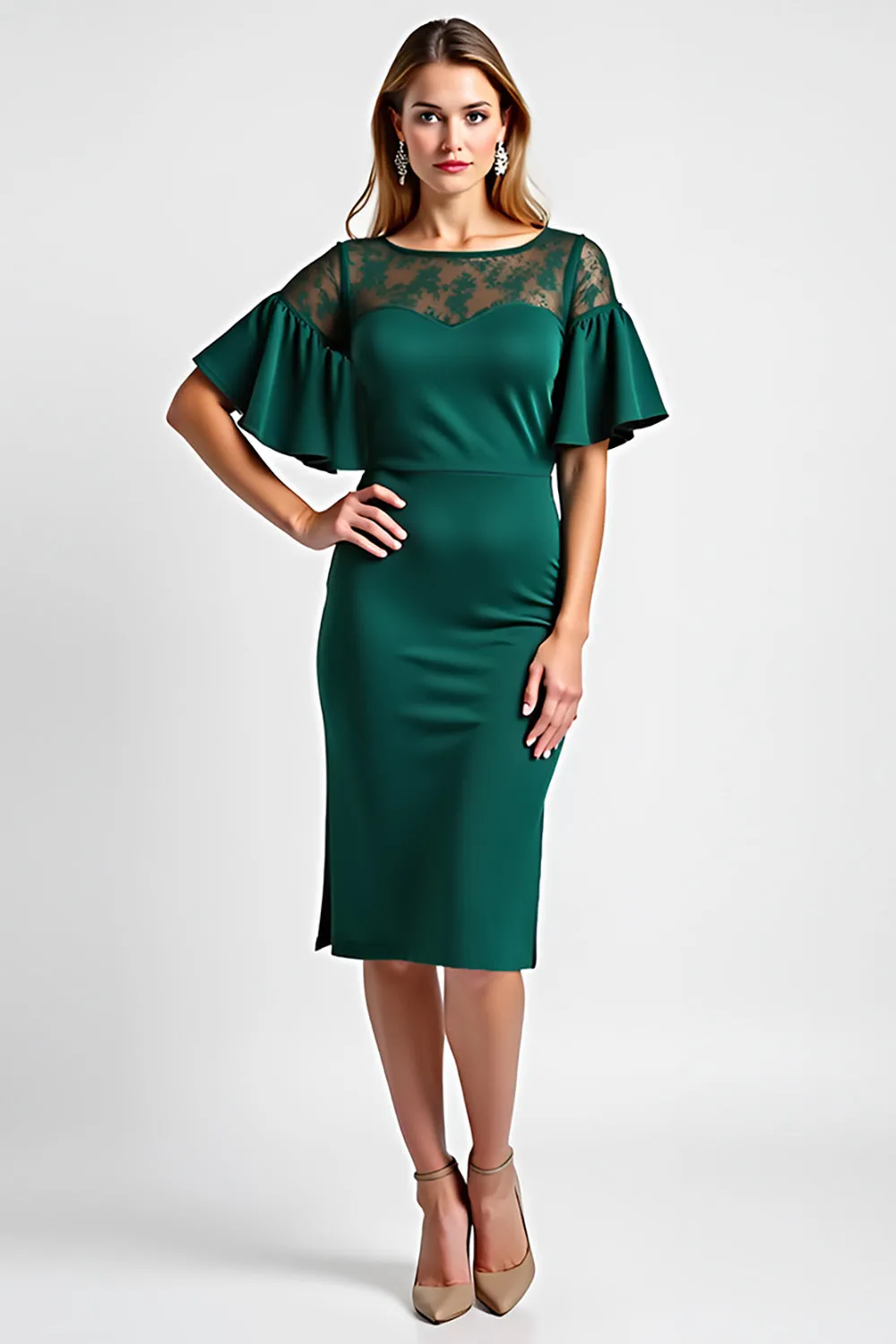 Dark Green Bodycon Ruffles Round Neck Mother Of Bride Dress sold by Zapaka
