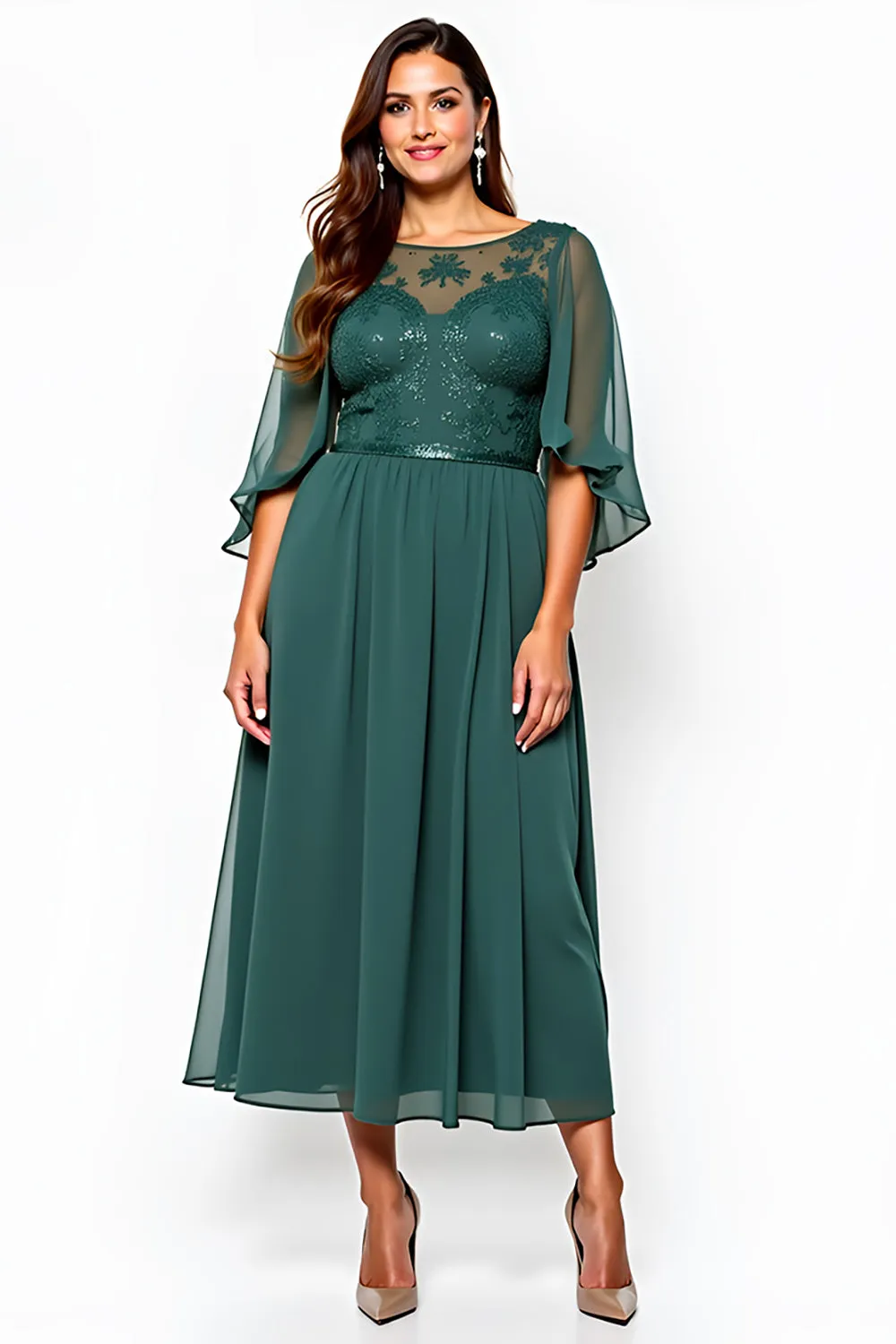 Dark Green A Line Round Neck Appliqued Long Mother Of Bride Dress sold by Zapaka product image thumbnail 3