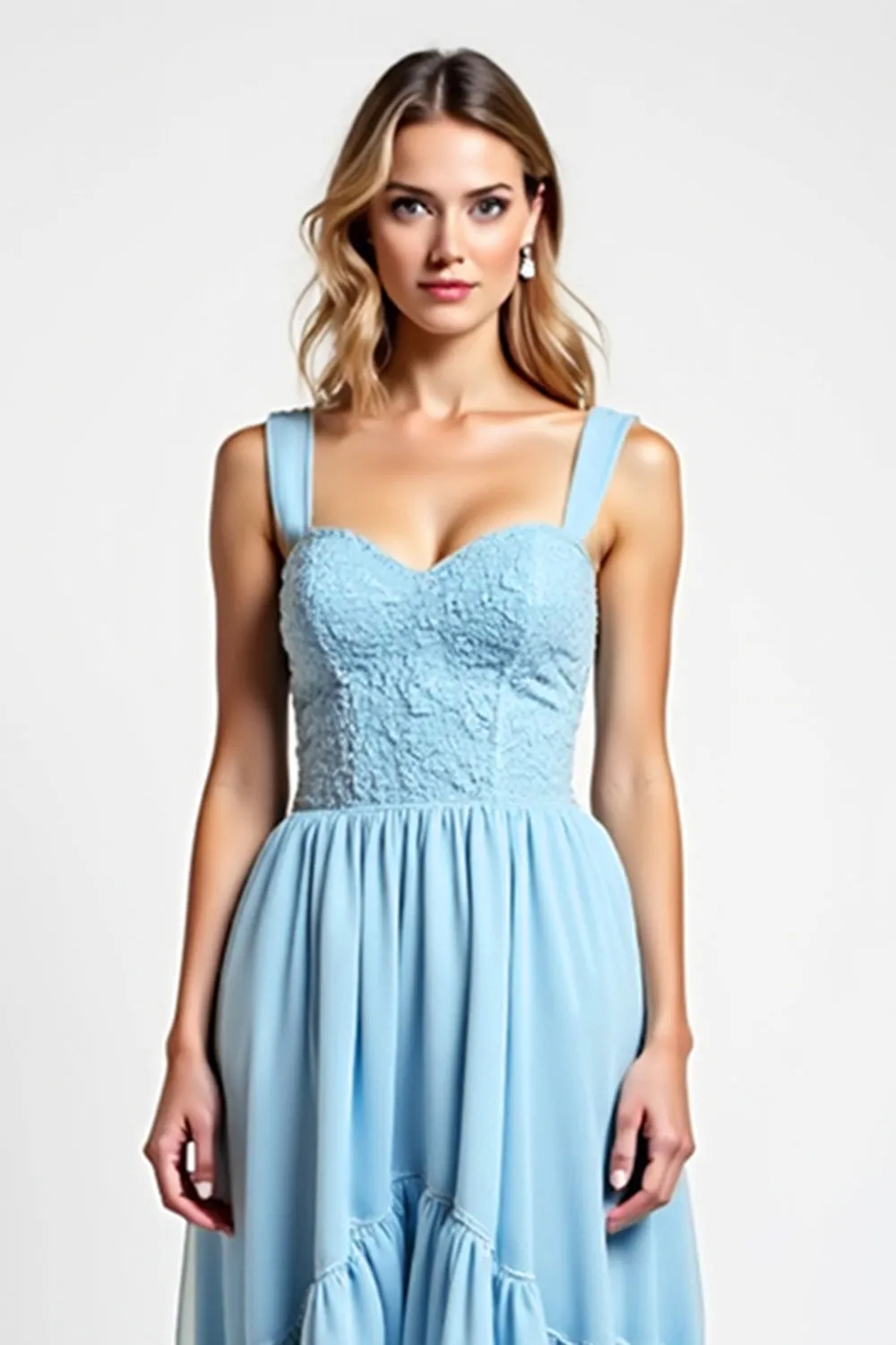 Sky Blue Sweetheart Lace Asymmetrical Bridesmaid Dress sold by Zapaka product image thumbnail 4