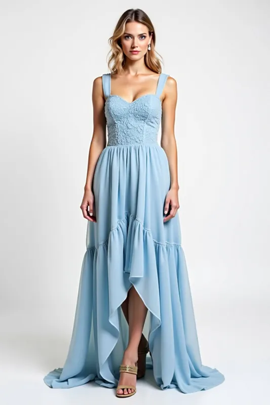 Sky Blue Sweetheart Lace Asymmetrical Bridesmaid Dress sold by Zapaka