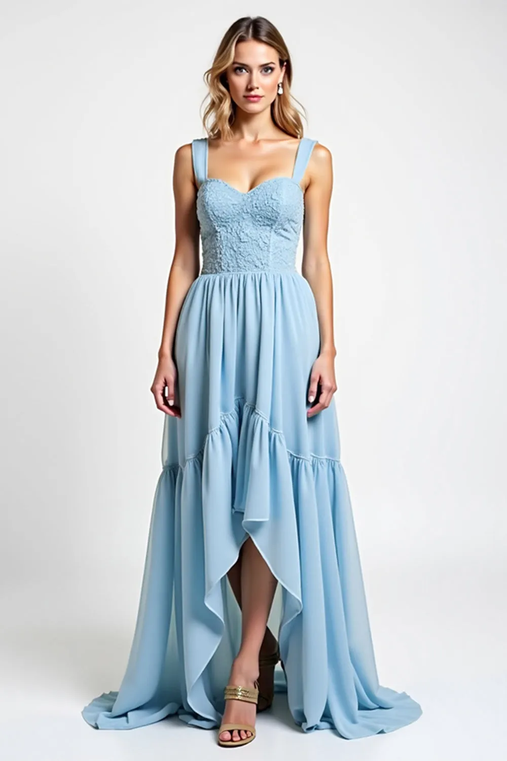 Sky Blue Sweetheart Lace Asymmetrical Bridesmaid Dress sold by Zapaka