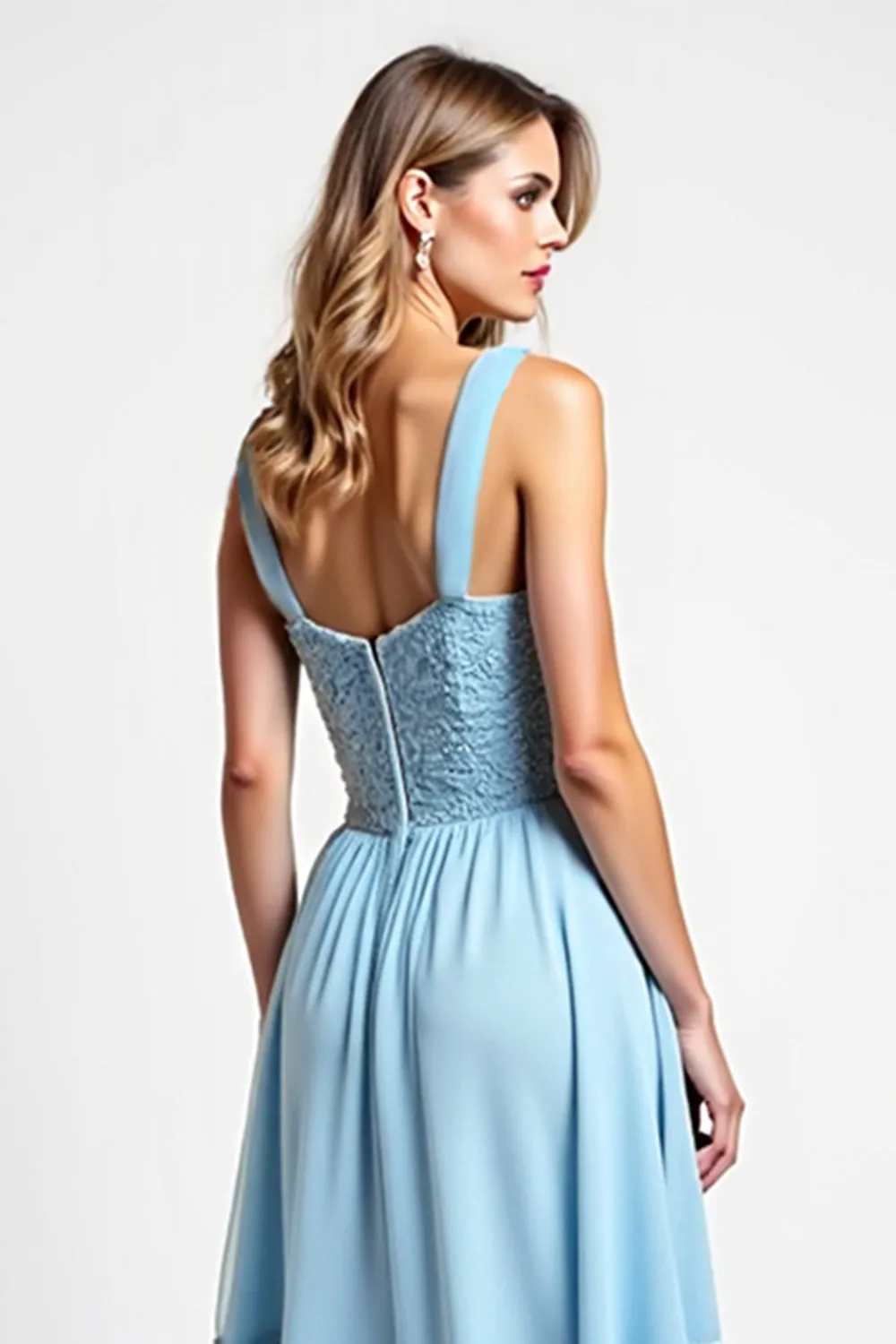 Sky Blue Sweetheart Lace Asymmetrical Bridesmaid Dress sold by Zapaka product image thumbnail 5