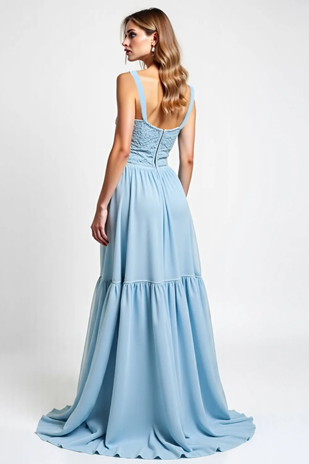 Sky Blue Sweetheart Lace Asymmetrical Bridesmaid Dress sold by Zapaka product image thumbnail 2