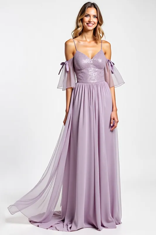 Purple Cold Shoulder A Line Bridesmaid Dress With Bows sold by Zapaka